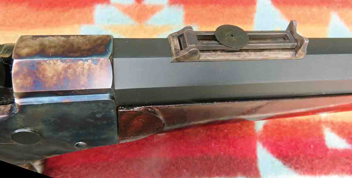 The Rough & Ready combination sight, mounted close to the receiver on the top flat of the barrel.